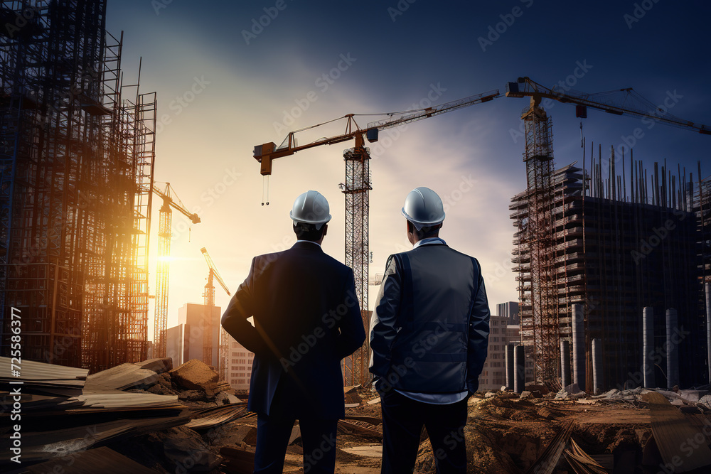 Back view of civil engineer checking work in the construction site. Back view of civil engineer checking work in the construction site.
