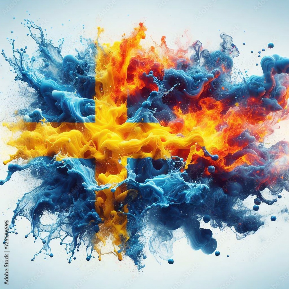 Sweden flag what Splash of water and flame. AI generated illustration
