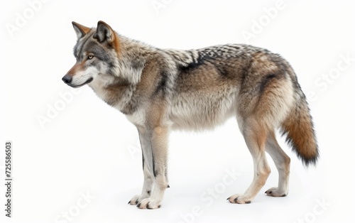 A detailed close-up of a wolf, showcasing its intense gaze and beautifully patterned fur isolated on white background.