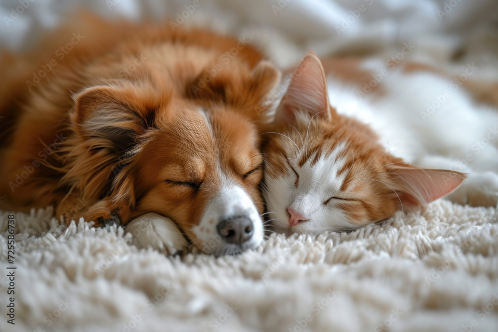 Cute cat and dog sleep together on a white soft carpet. Love and friendship. Pets