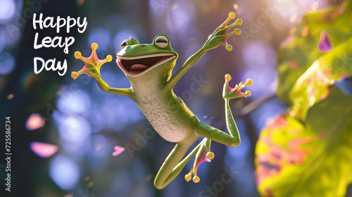 Leap day, 29 February 2024 greeting card with cute jumping Green Frog and Happy Leap Day text. Leap year, one extra day. photo