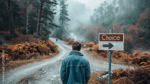 Man standing at crossroad with two way choice signpost, making decision about direction to take