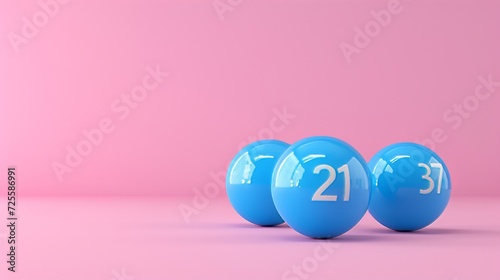Vibrant close up of shiny blue lottery balls with lucky number 21 on a pastel solid color background