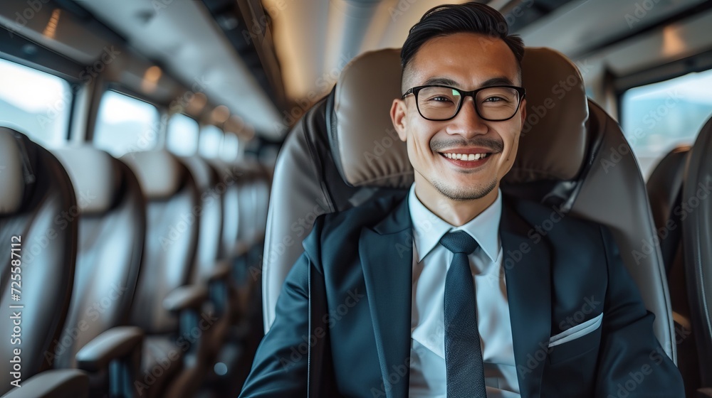Smiling asian businessman contributes to sustainability, commuting by bus to reduce air pollution.