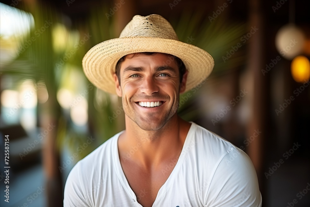 Portrait of a smiling man wearing a straw hat in a cafe