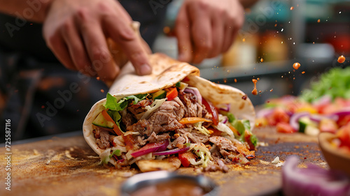 .A flavorful composition of a street vendor skillfully assembling a delicious shawarma wrap