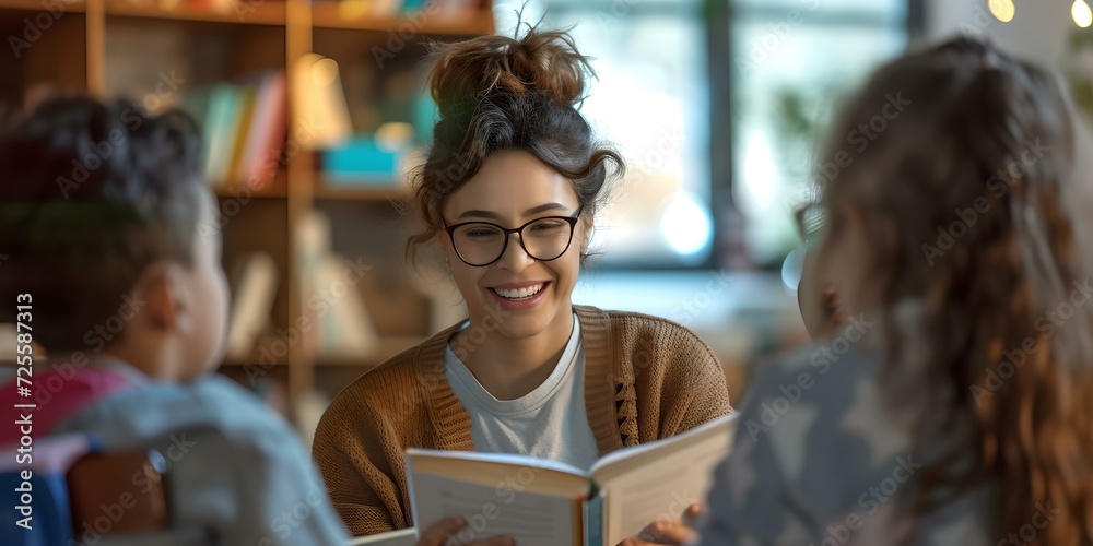 Fototapeta premium Young woman enjoying a book in a cozy ambiance. casual reading session. a moment of relaxation and education. style: lifestyle imagery. purpose: stock photo. AI