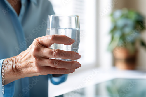 Closeup of senior woman's hand holding glass of water at home.