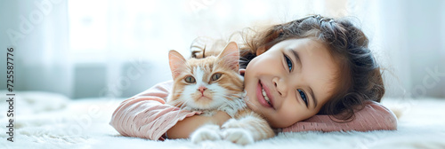 little girl with joyful expression hugging her tabby cat in bright, airy home, tender moment of child ans domestic pets friendship, lovely owner. photo