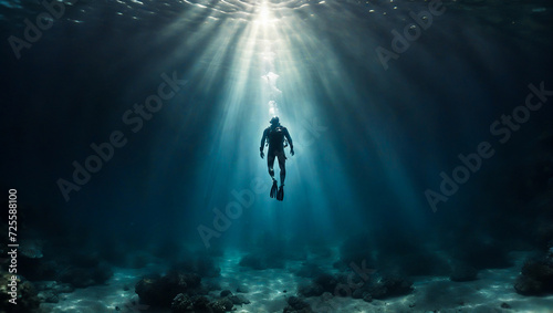 a scuba diver emerges from the depths of the bottom into the rays of light photo