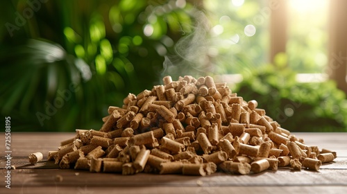 Stack of biomass wood pellets pile and woodpile on blurred background with copy space