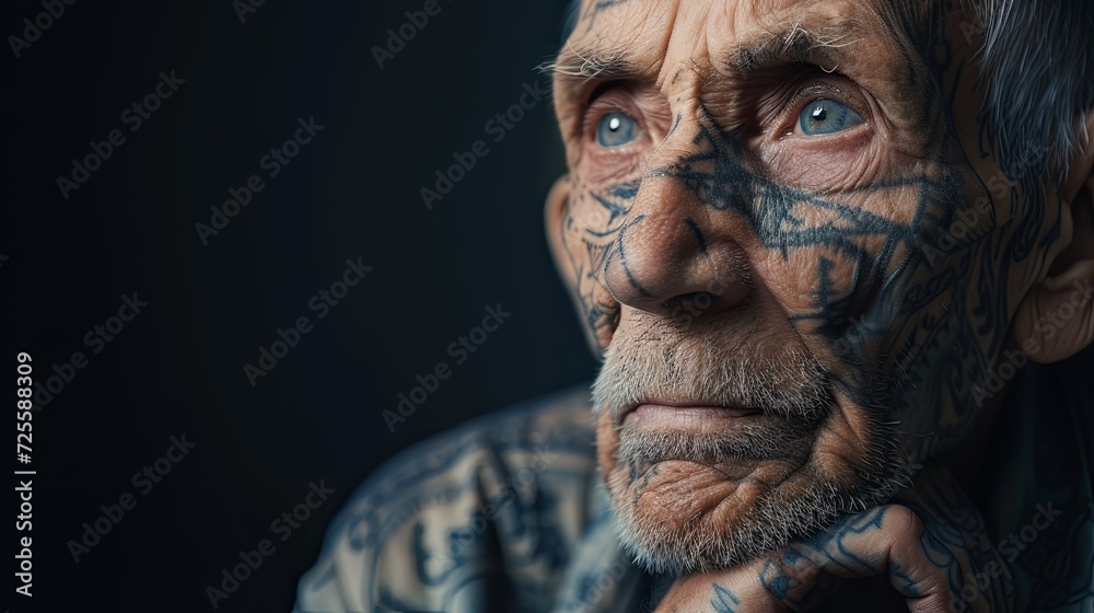 A senior man with a unique facial tattoo