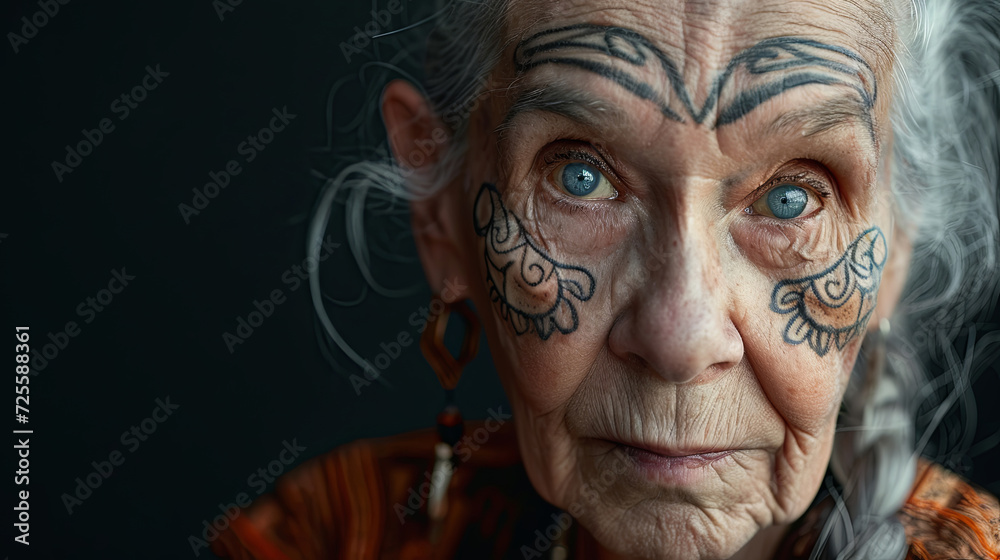 A senior woman with a unique facial tattoo 