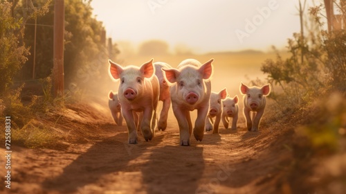 A group of beautiful family of pigs and piglets walking in nature at sunset. Animals, Pig Farm concepts.