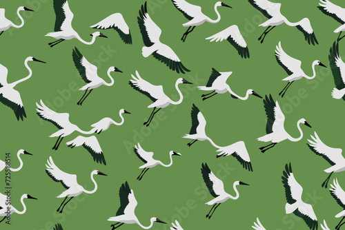 Flying cranes flock - side view. Seamless pattern design in color pallet