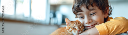 little boy with bright smile cuddling her beloved orange tabby cat at home, pure joy in cozy morning, lovely owner.