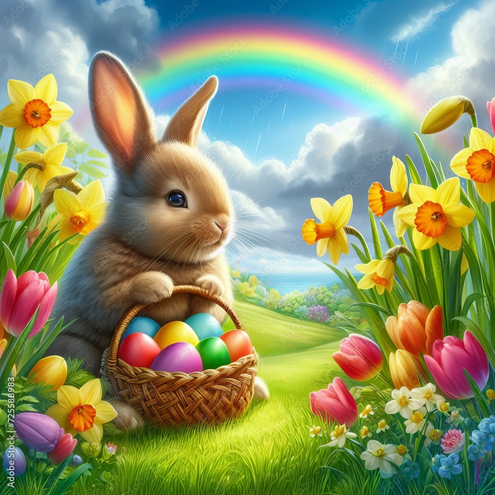 Fototapeta premium A cute bunny with a basket of colorful Easter eggs among vibrant flowers, under a bright rainbow.