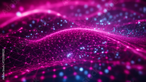 Abstract magenta technology background resembling a cyber network grid, connected particles, and artificial neurons, creating a mystical and captivating tech vortex. © xKas