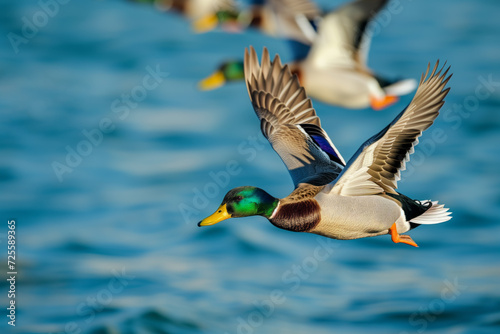 AI Generated Image. Wild ducks flying over the pond