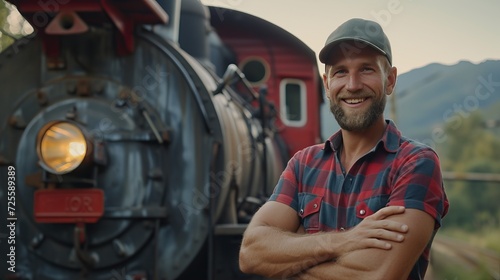 Smiling bearded train engineer standing in front of locomotive with arms crossed, looking at camera