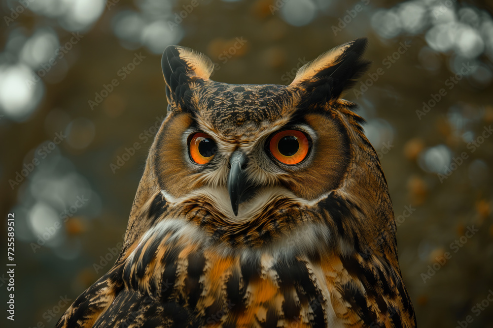 AI Generated Image. Close up view portrait of the eagle owl in the forest