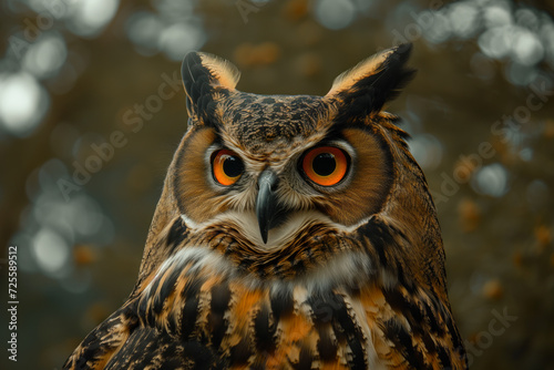 AI Generated Image. Close up view portrait of the eagle owl in the forest © Arman Zhenikeyev