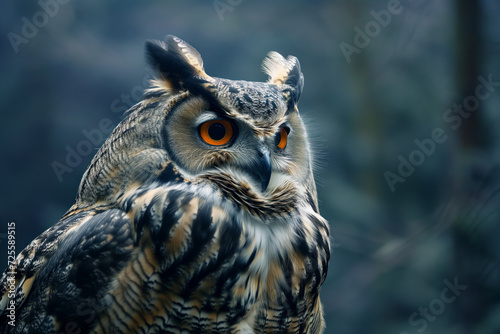 AI Generated Image. Close up view portrait of the eagle owl in the forest