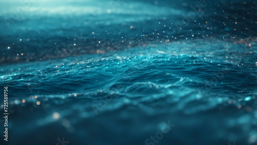 Abstract ocean blue technology background with a cyber network grid, connected particles, and artificial neurons, creating a serene and aquatic-inspired tech seascape.