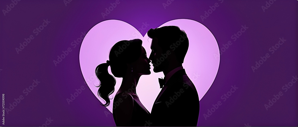 Silhouette of a loving couple kissing in front of a heart shaped frame on purple background. Flat illustration. Design for valentine's day.