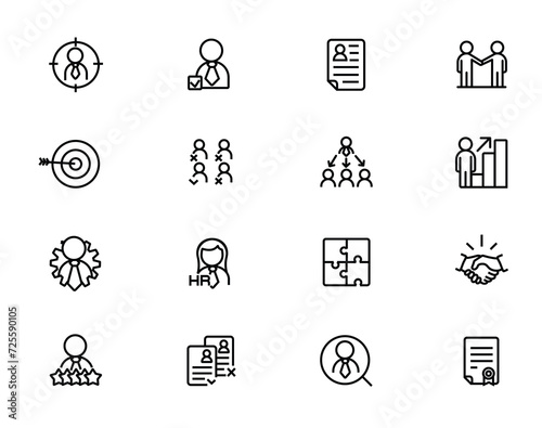 Large set of outline icons about recruiting agencies and skilled labor recruiters. Pictograms for recruitment agencies and departments