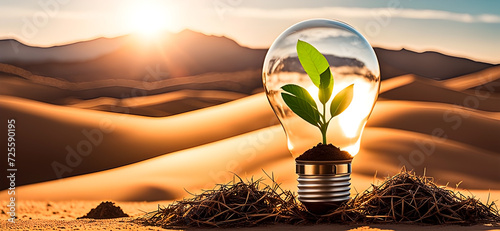 A little growing geen plant inside of a light bulb in the desert. Concept for eco-friendly, preservation and conservation through reforestation of desertic areas. Panoramic view. photo