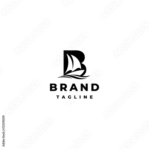 Sail Boat Silhouette Inside Initial Letter B Logo Design. Initial Letter B With Silhouette of Sailboat and Waves Logo Design.