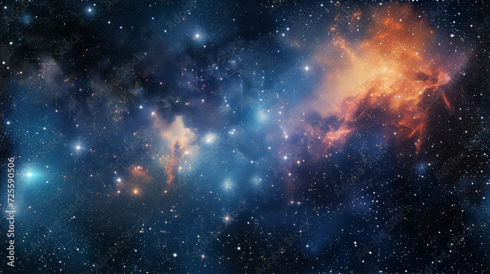 Naklejka premium A vibrant depiction of a galaxy with celestial bodies and colorful nebulae in the vastness of space.