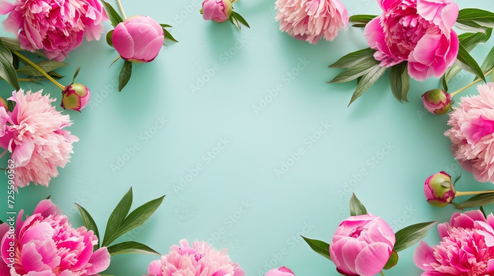Pink peonies on a turquoise background, floral frame design, happy mother's day