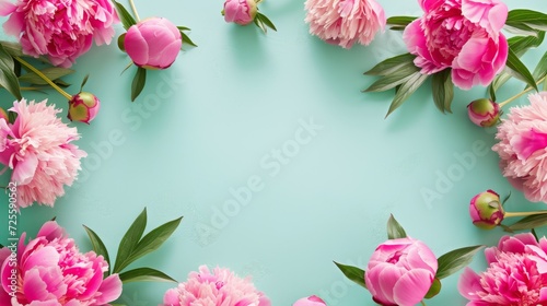 Fototapeta Naklejka Na Ścianę i Meble -  Pink peonies on a turquoise background, floral frame design, happy mother's day