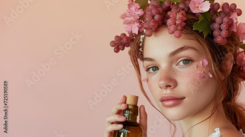 Young woman with grape elements and oil, concept beauty, space for text photo