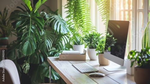 A sunlit home office filled with indoor plants  creating a refreshing and productive workspace.