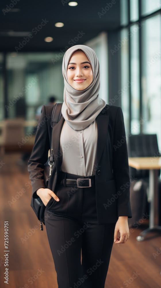 Portrait of a Happy young Asian businesswoman in a hijab and a business suit.