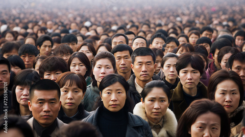 Concept illustration of overpopulation in China. A huge crowd of Asian men and women against the backdrop of an industrial city. Place for text. photo