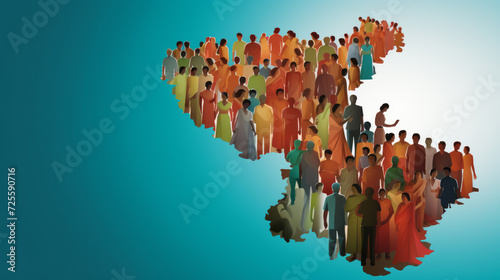 Concept illustration of overpopulation in India. A crowd of women in saris and men in traditional Indian clothing on a blue background. Place for text.