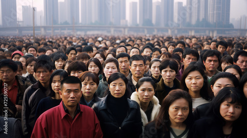 Concept illustration of overpopulation in China. A huge crowd of Asian men and women against the backdrop of an industrial city. photo
