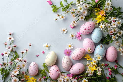 Easter eggs with flowers on a light background, colorful eggs for Easter