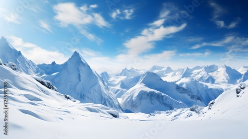 Panoramic view of snowy mountains in winter. Caucasus Mountains  Georgia  region Gudauri.