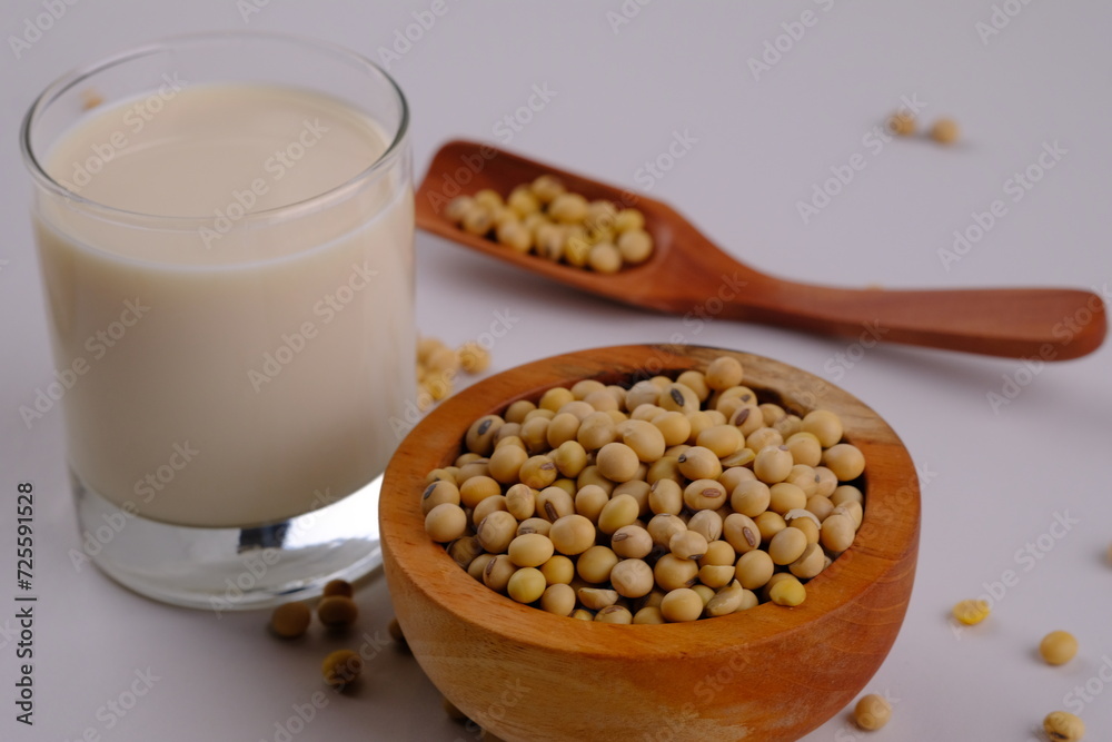 Susu Kedelai, soy milk in a clear glass. made from soybeans, water and