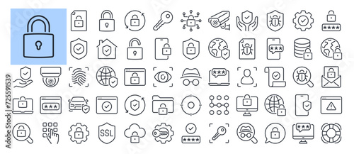 Safety, protection and security concept editable stroke outline icons set isolated on white background flat vector illustration. Pixel perfect. 64 x 64.
