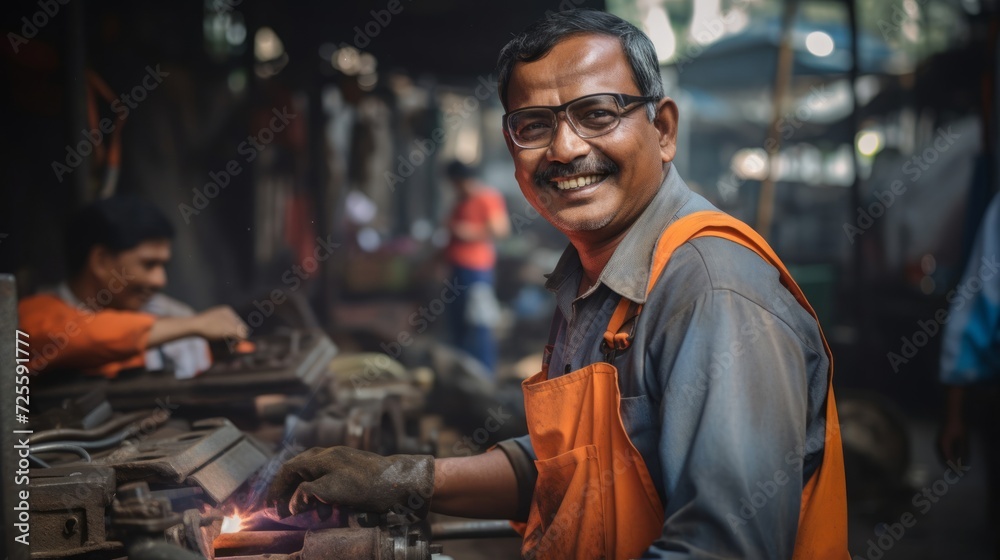 Welder's contented smile and workshop