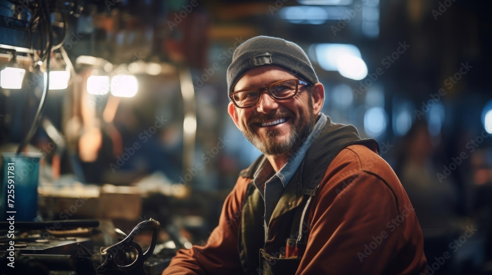 Joyful welding expert's pride in well-executed weld Joyful welding expert's pride in well-executed weld