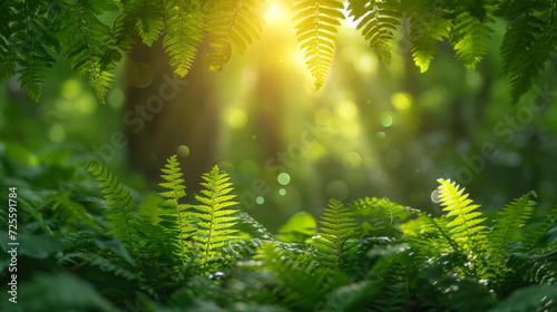 Spring mood. Fern in a dense forest in the rays of the rising sun.
