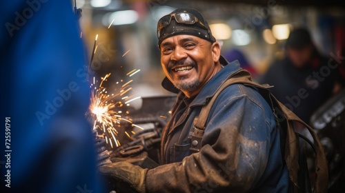 Smiling metal fabricator with metal sheets