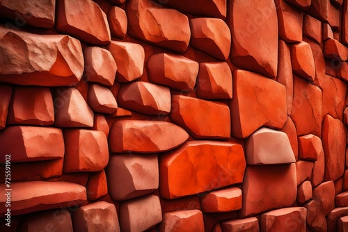 Orange stone wall. Bright brown rock texture. Red faceted stone wall background for design. Modern architecture  granite structure. Red brick wall grunge background. Cement construction material 